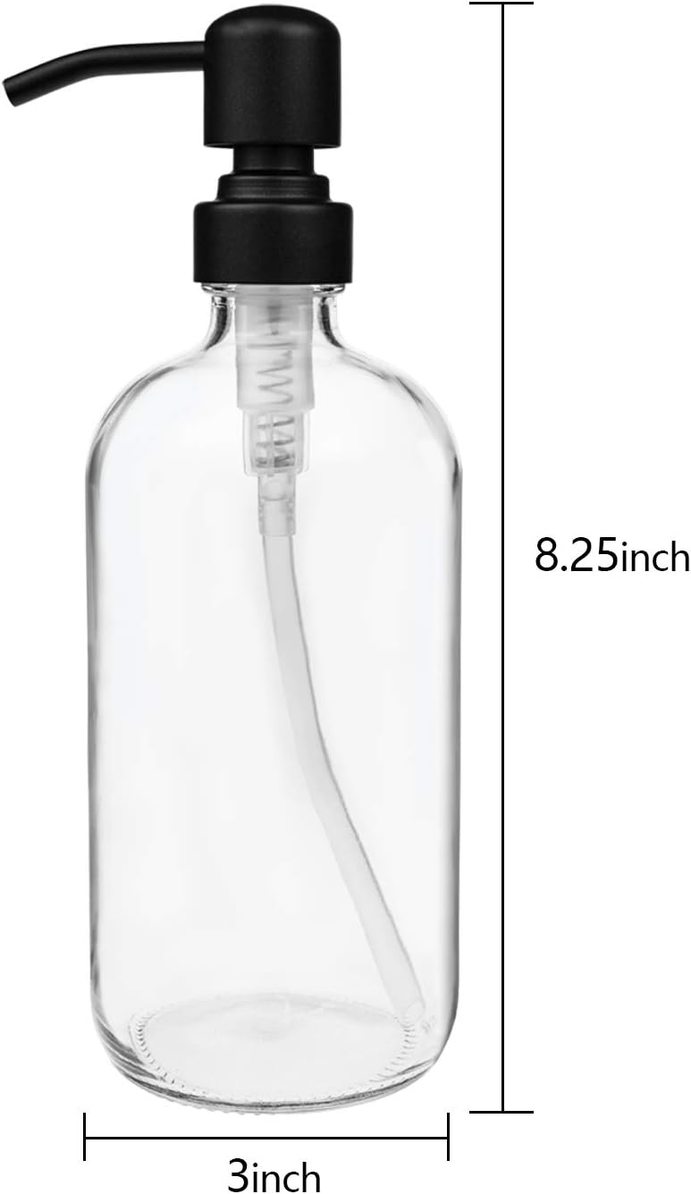 4 Pack Glass Soap Dispenser with Matte Black Stainless Steel Pump, 16 Oz Clear Boston Round Bottles Bathroom Kitchen Soap Dispenser for Essential Oil, Dish Soap, Hand Soap, Lotion Soap