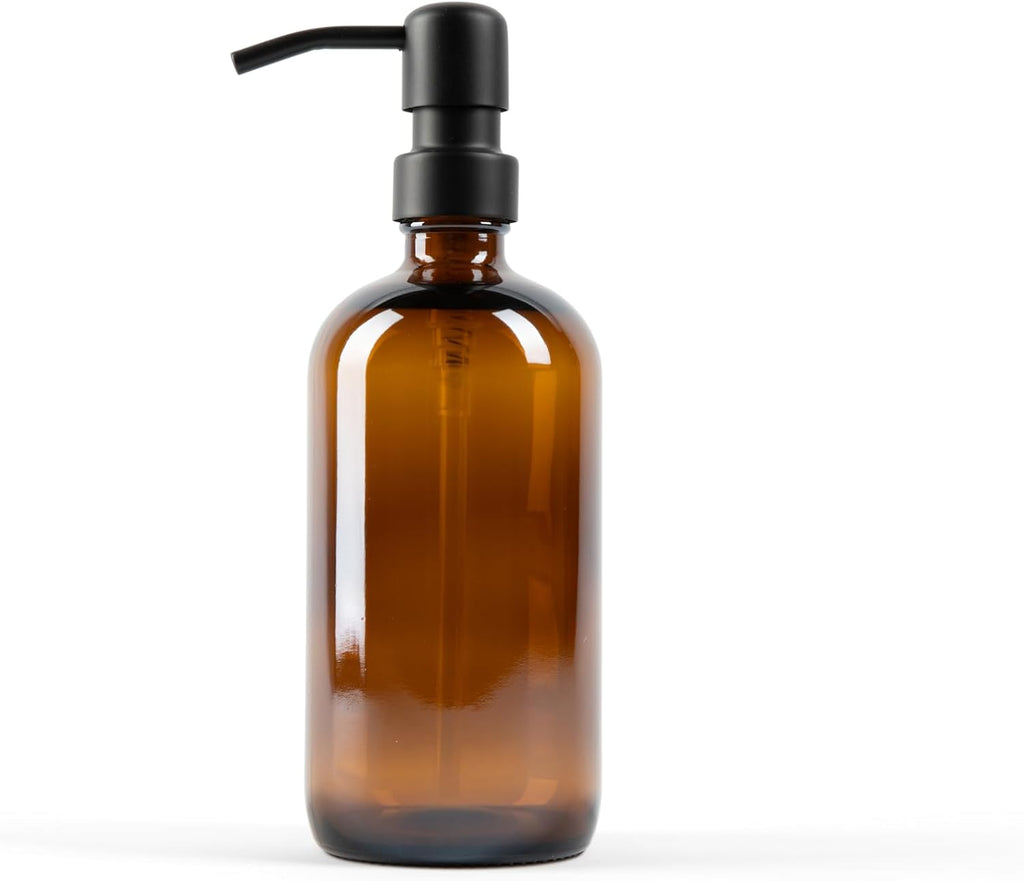 Essentra Home Two 16 oz. Glass Soap Dispensers with Black Pump for Kitchen Sinks, Bathroom Countertop, Shower Refillable Bottles – Waterproof Labels and Foldable Silicon Funnel Included (Amber)