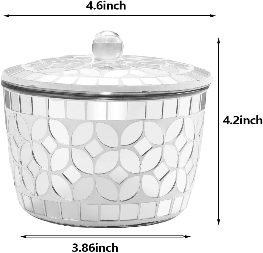 Bathroom Qtip Holder Silver, Countertop Storage Organizer Canister Jar Qtip Dispenser Holder Mosaic Glass with Lid - for Cotton Swabs,Bath Salts, Hair Band, Cotton Balls (Silver Mirror)