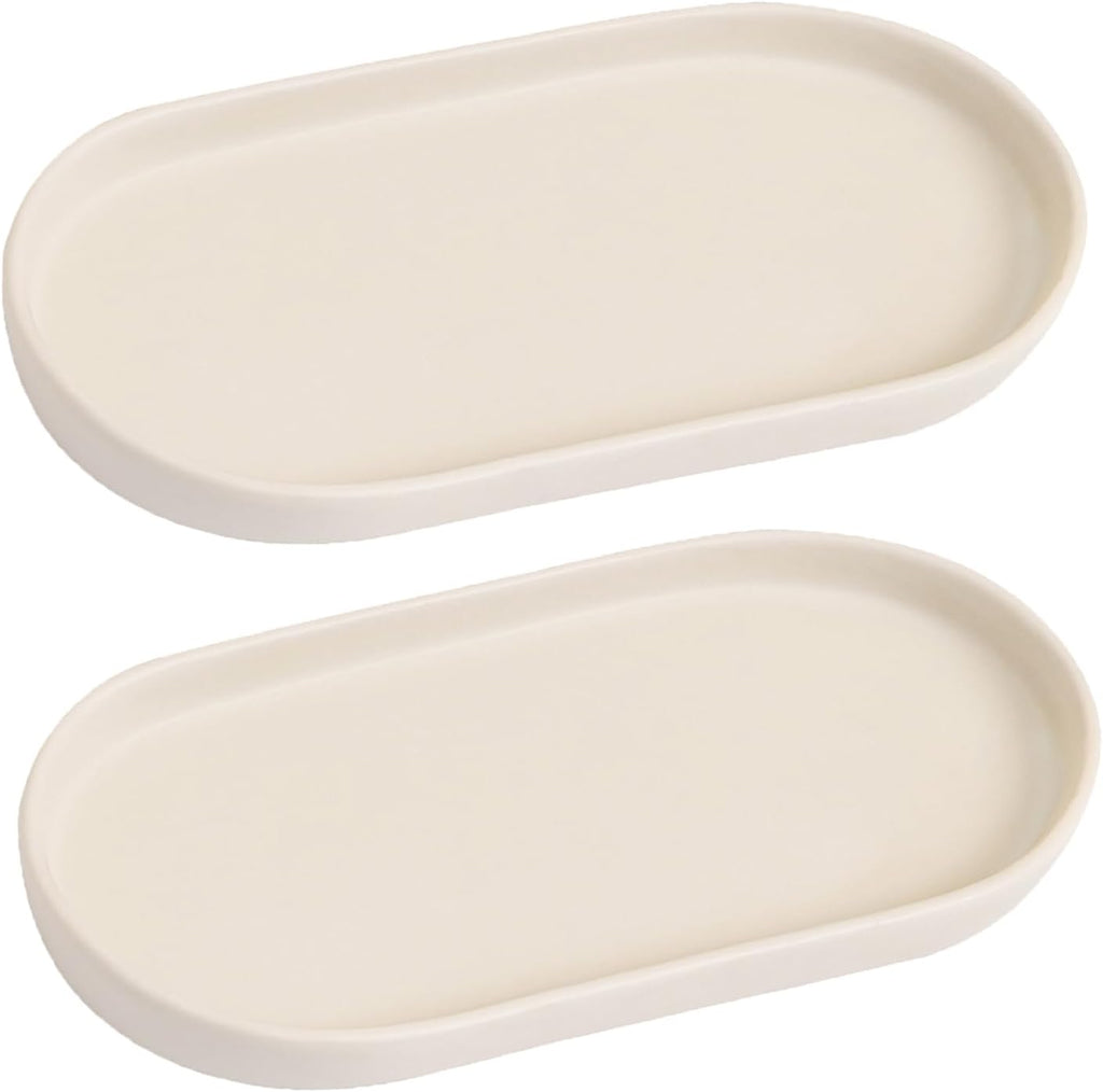 2 Pack Matte Beige Round Soap Dispenser Tray - 8'' Ceramic Vanity Tray & Organizer Plate Set, Bathroom & Kitchen Countertop Decor for Soap Dispenser, Jewelry, Cosmetics, Sink