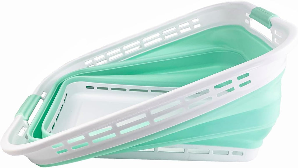 SAMMART 42L (11 gallons) Collapsible Plastic Laundry Hamper/Basket - Foldable Storage Container/Organizer - Portable Laundry Basket - Easy Storage Space Saving (White/Pale Jade)