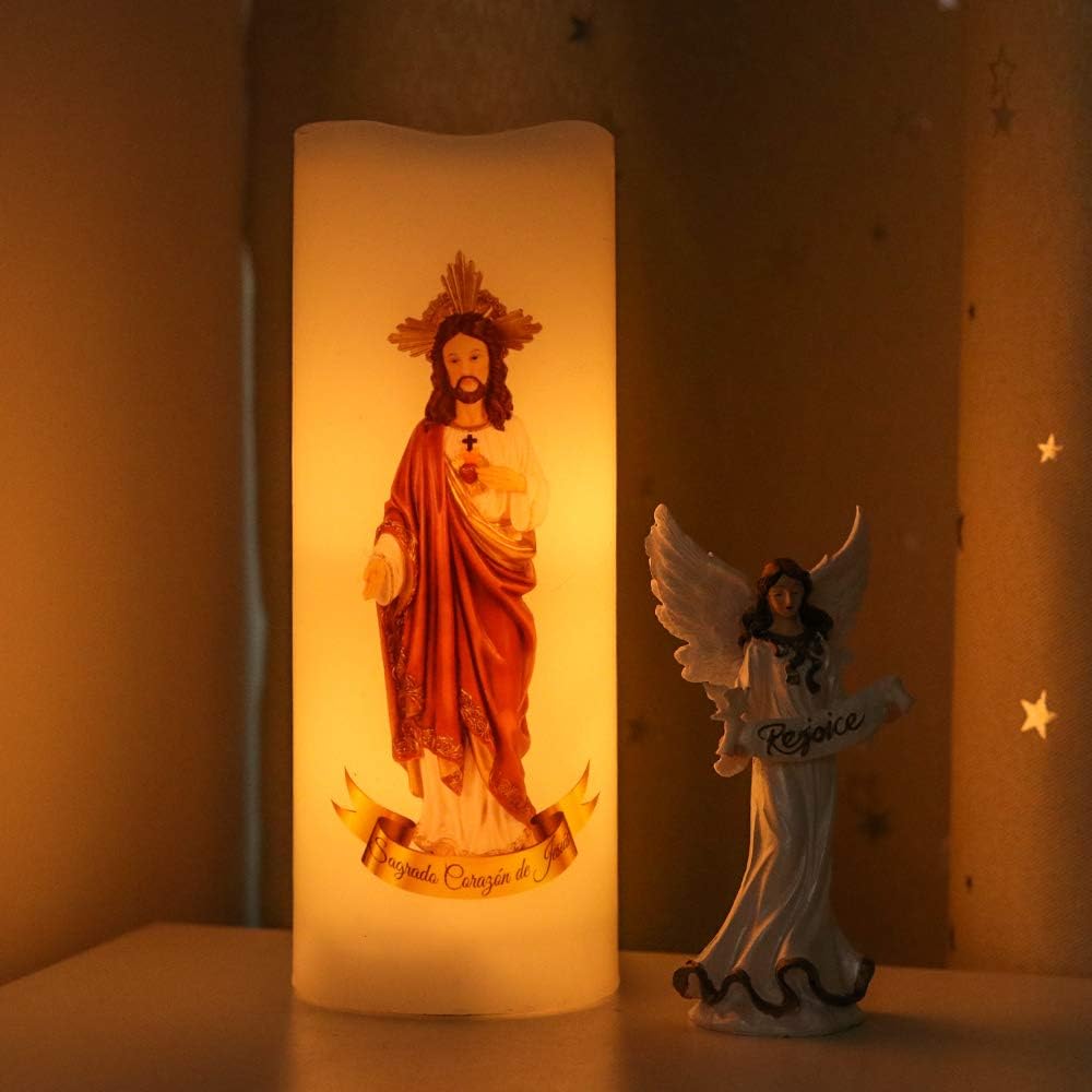 Wondise Sacred Heart of Jesus Picture Devotional Prayer Flameless Candle