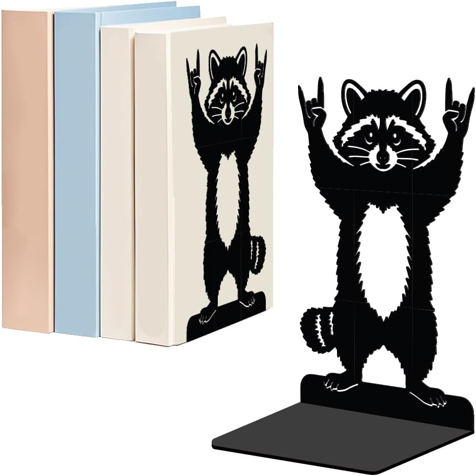 WADORN 1 Pair Rock Roll Raccoon Metal Decorative Bookend for Shelves, Heavy Duty Book Ends Modern Non-Skid Books Holder Stand Black Book Support Stoppers for Office Desk Bookshelf, 5.3x4.3x7.8 Inch