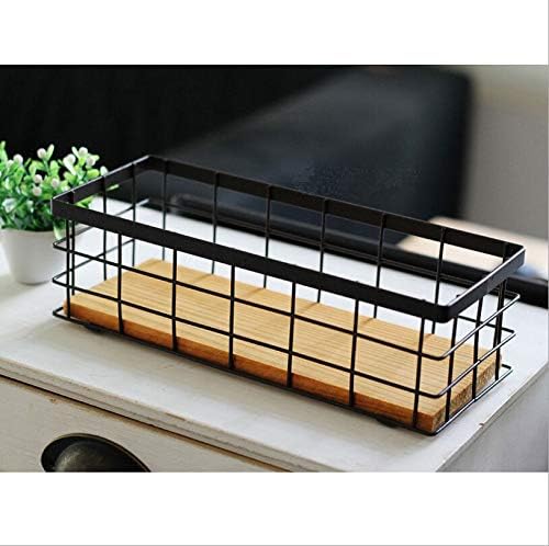 KiaoTime Metal Wire Storage Organizer Bin Basket, Home Kitchen Restaurant Coffee Bar Station Counter Sugar Sweetener Tea Packets Holder, Rustic Style Wire Grid Wooden Base Organizing Basket
