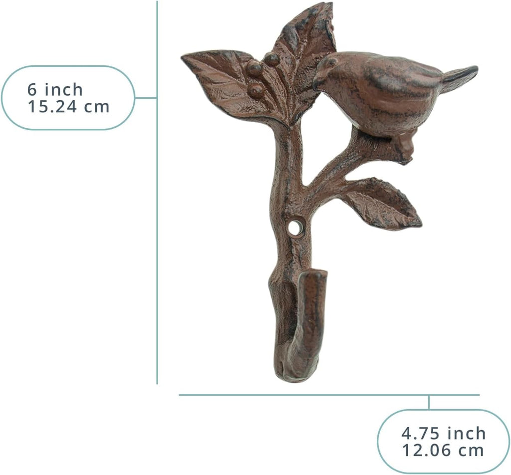 Comfify Rust Brown Bird on a Branch Cast Iron Wall Hook – Screws Included