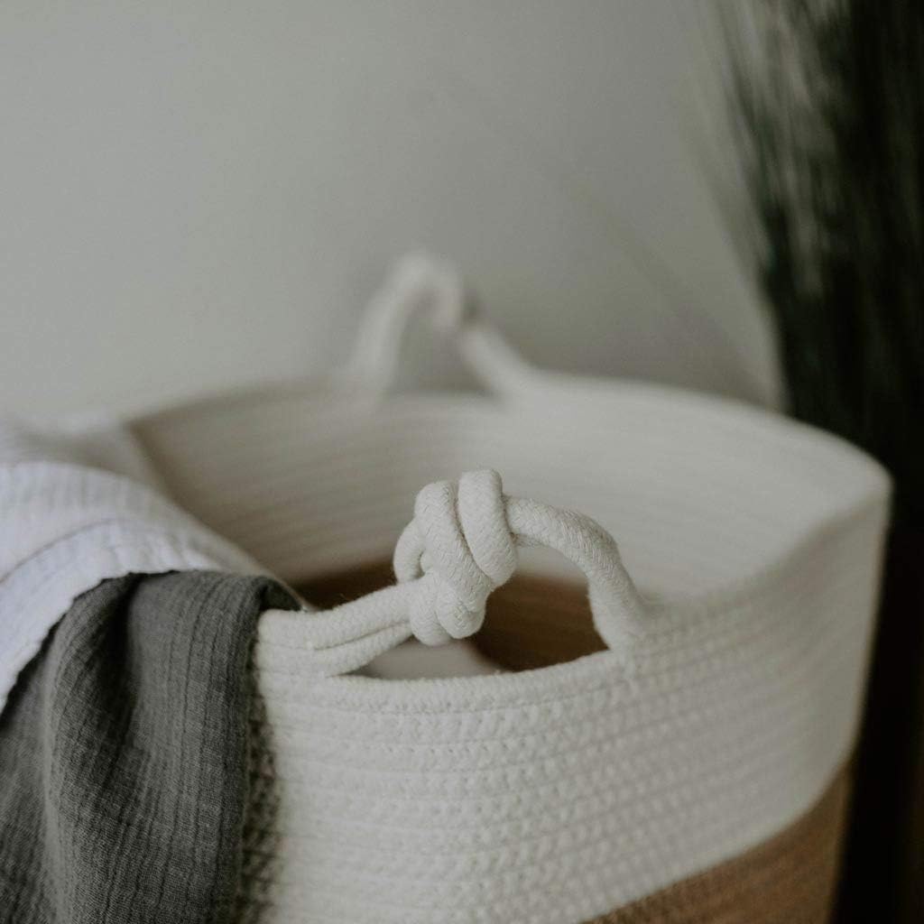 Parker Baby Co. Rope Storage Basket, Large Nursery Storage Bin - White/Tan