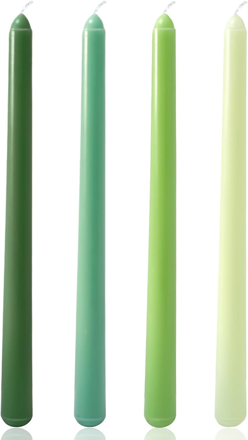 10 Inch Gradient-Green Taper Candles, 4 Packs Unscented Candlesticks for for Spring Dinner Wedding Christmas Party and Home Decoration, Dripless and Smokeless, 8-10 Hours Burn