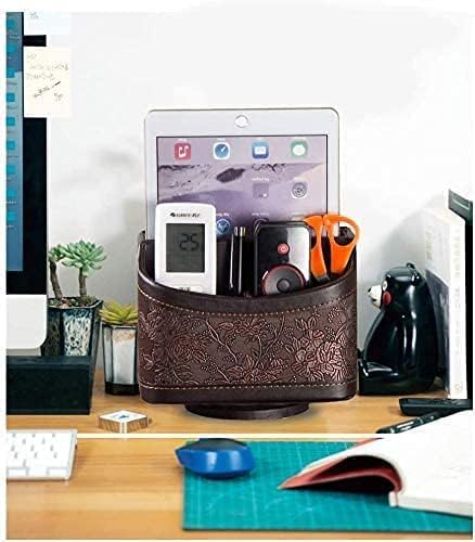 PU Leather Remote Control Organizer with 360° Spinning Design,Desk Organizer for TV Remote,Phone,Pen,Glasse,Mail,Tablet,Calculator,Controller-Home & Office Storage Caddy (Antique Brown)