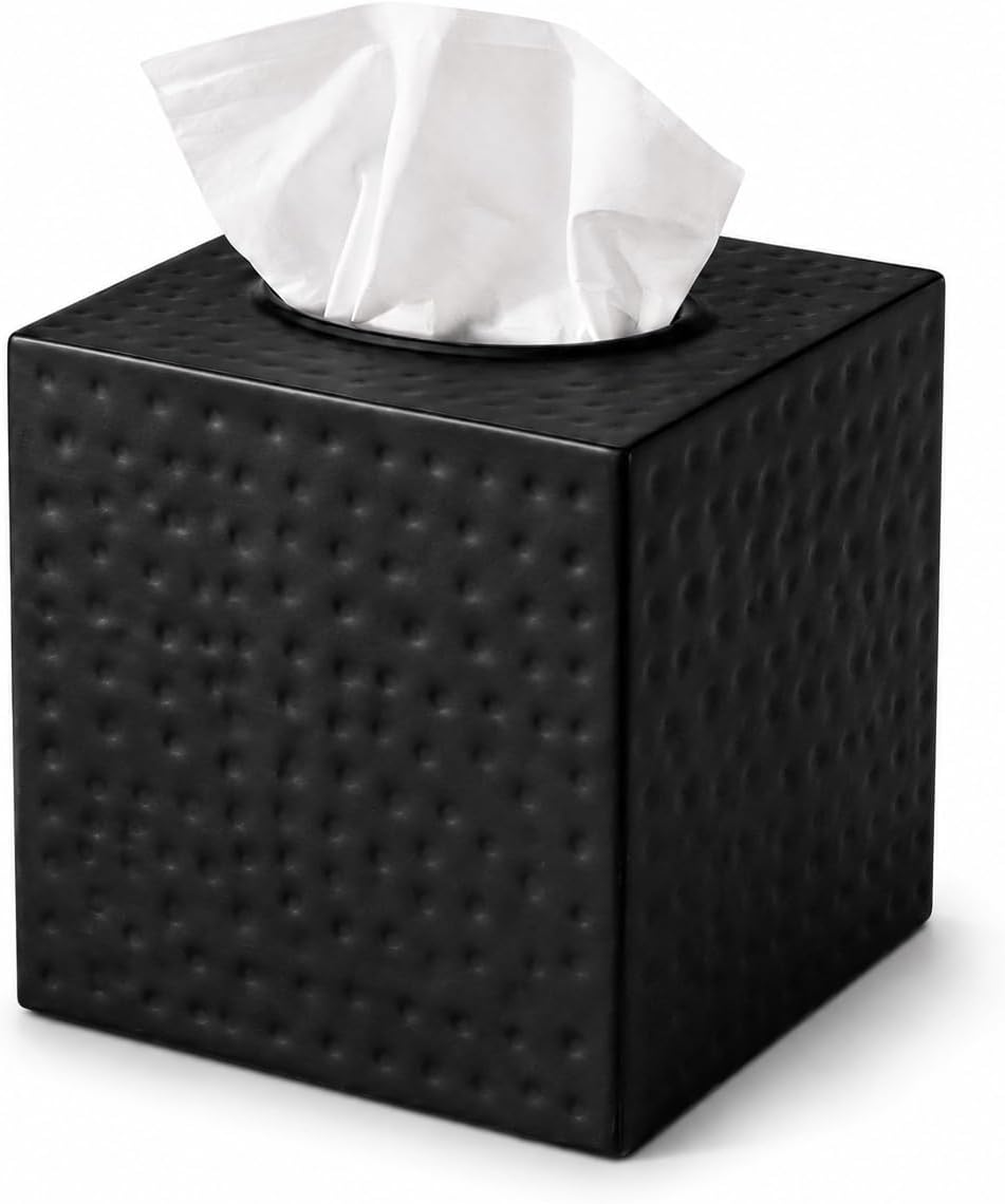 Monarch Abode Tissue Box Cover Square – Hand Hammered Black Metal Tissue Holder Box for Bathroom Accessory, Aesthetic Decorative Facial Napkin Cube for Modern Home Decor