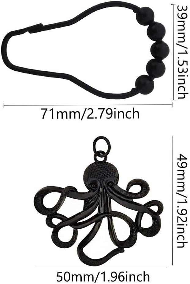 12Pcs Decorative Octopus Shower Curtain Hooks for Bathroom Rod, Black