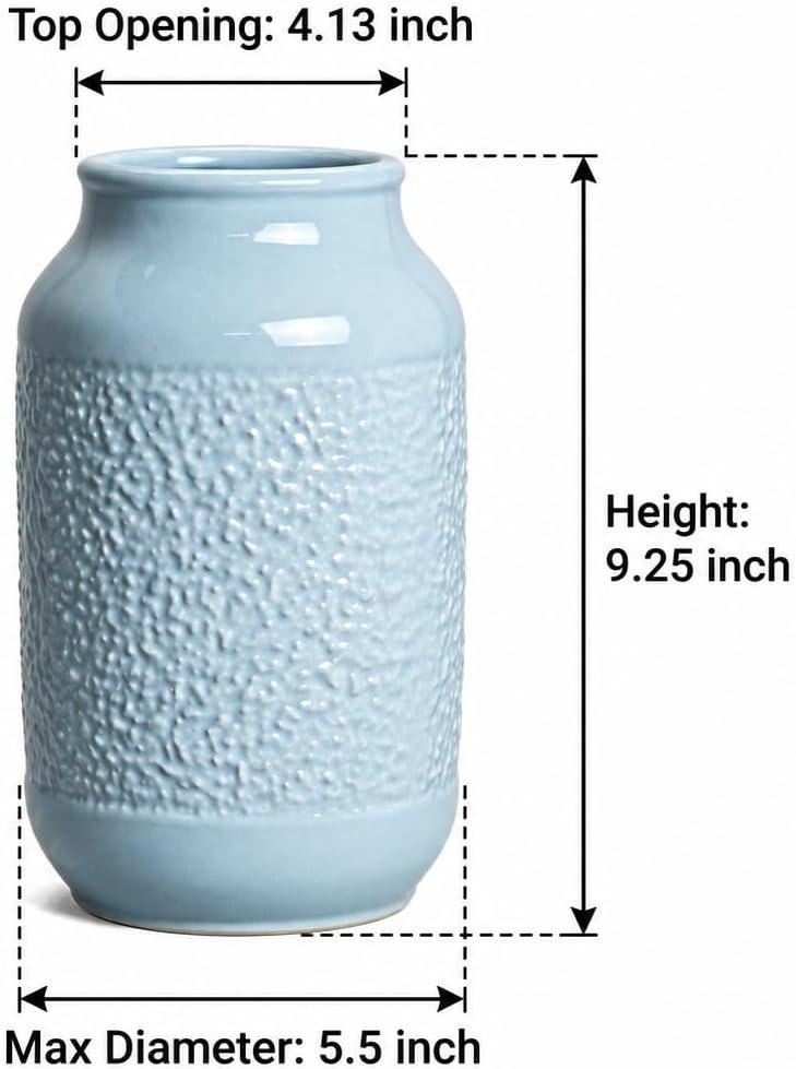 Blue Ceramic Vase for Home Decor - 9 Inch Textured Flower Vase for Table Centerpiece - Modern Decorative Pottery Vases for Flowers, Living Room, Shelf, Mantle Decor