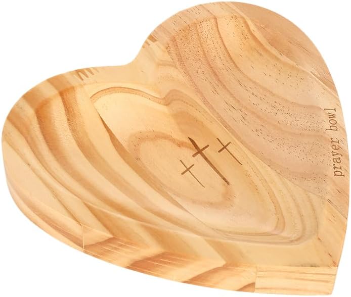 Heart-Shaped Wooden Prayer Bowl Plate with Engraved Cross and Prayer Cards, Thanksgiving Christmas Home Decor Gift
