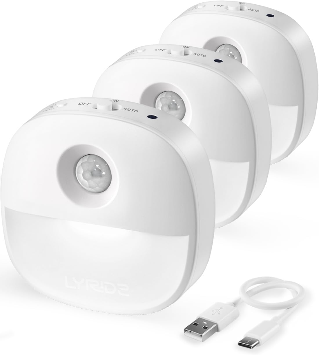Lyridz Rechargeable Night Light, Motion Sensor Battery Nightlights, Mini Stick-on LED Closet Light, 1-20LM Dimmable Brightness for Bedroom, Kitchen, Washroom, Stairs, Hallway, 3-Pack