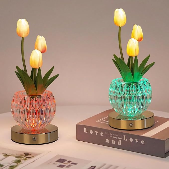 Tulip Table Lamp, 16 Color Changing Glass Night Light with Remote, Touch Dimming Artificial Flower Light, LED Colored Light Romantic Flower Decoration Gift for Girl Women Mom