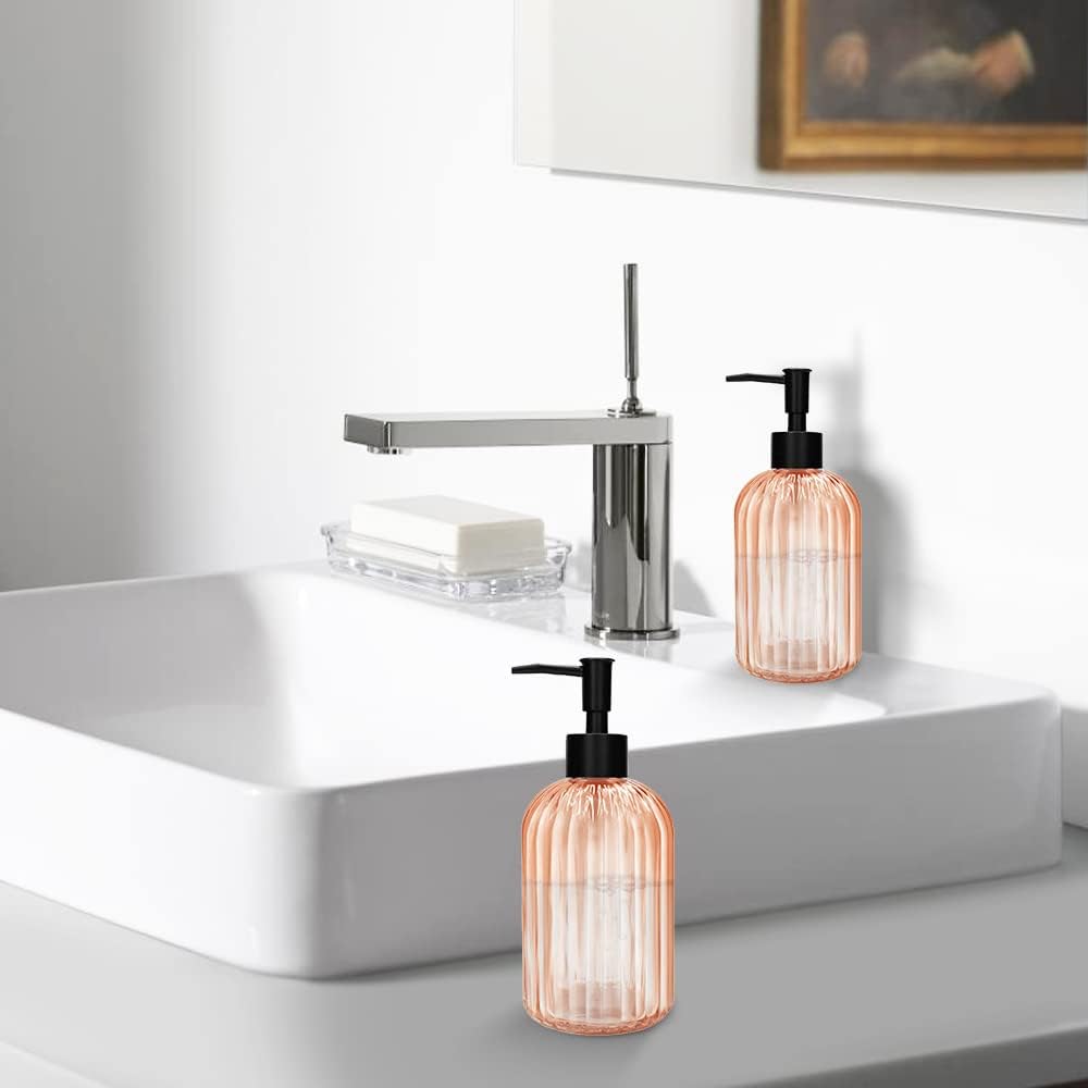 Pack of 2 Glass Soap Dispenser with Black Pump, 400 ml Refillable Pump Dispenser for Kitchen, Bathroom, Laundry Room, Liquid Glass Bottle for Washing Up Liquid, Shampoo, Conditioner (Orange)