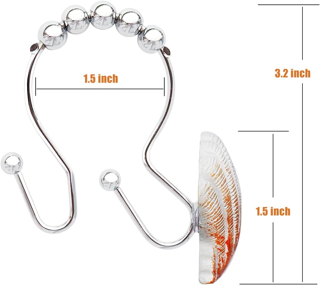 Shower Curtain Hooks Rings, 12PCS Anti Rust Seashell Decorative Double Resin Shower Hooks for Beach Bathroom, Baby Room, Bedroom, Living Room Décor