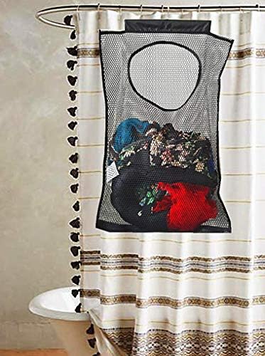 Door-Hanging Mesh Laundry Hamper Bag, Space Saving Corner Small Laundry Basket Dirty Clothes Hamper with Rotating Metal Hanger for Apartment, RV, Camper, Cabin, College Dorm Use(Black)