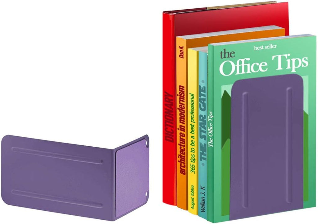 Acrimet Bookends for Shelves, Non-Skid Book Holder, Heavy Duty Book Stopper, Steel Metal Book Ends Storage for Home, Library, 6 7/8" H x 4" W x 4 1/2" D (Purple) (1 Pair / 2 Pieces)