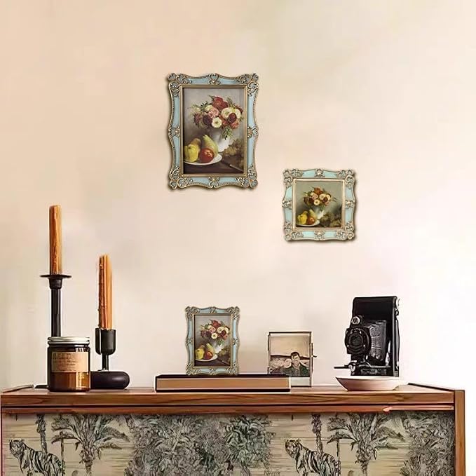 Vintage Picture Frame,Antique Style,Old-Fashioned,Square/Oblong Shape,Gold Floral Relief,Wall and Tabletop Victorian Frame (Sea Foam Green, 5X7)