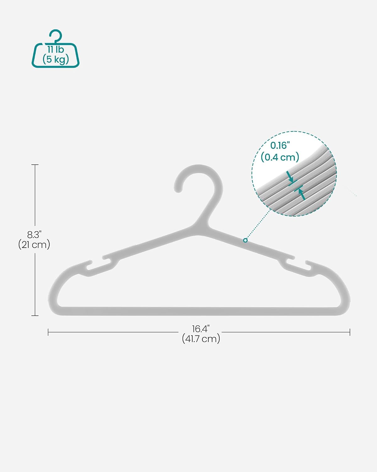 SONGMICS Clothes Hangers, Pack of 50, Plastic Hangers, with Wide Shoulder Notches, Space-Saving Coat Hangers, 16.4 Inches Wide, for Closet, Gray UCRP010G01