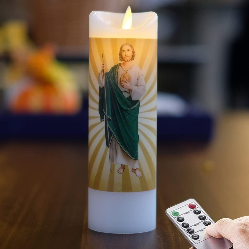 NONNO & ZGF Saint Judes Flameless Prayer Candle, Real Wax, Moving Wick, St Jude Devotion Battery Operated Candles with Remote Timer Function, Bright Flicker Light