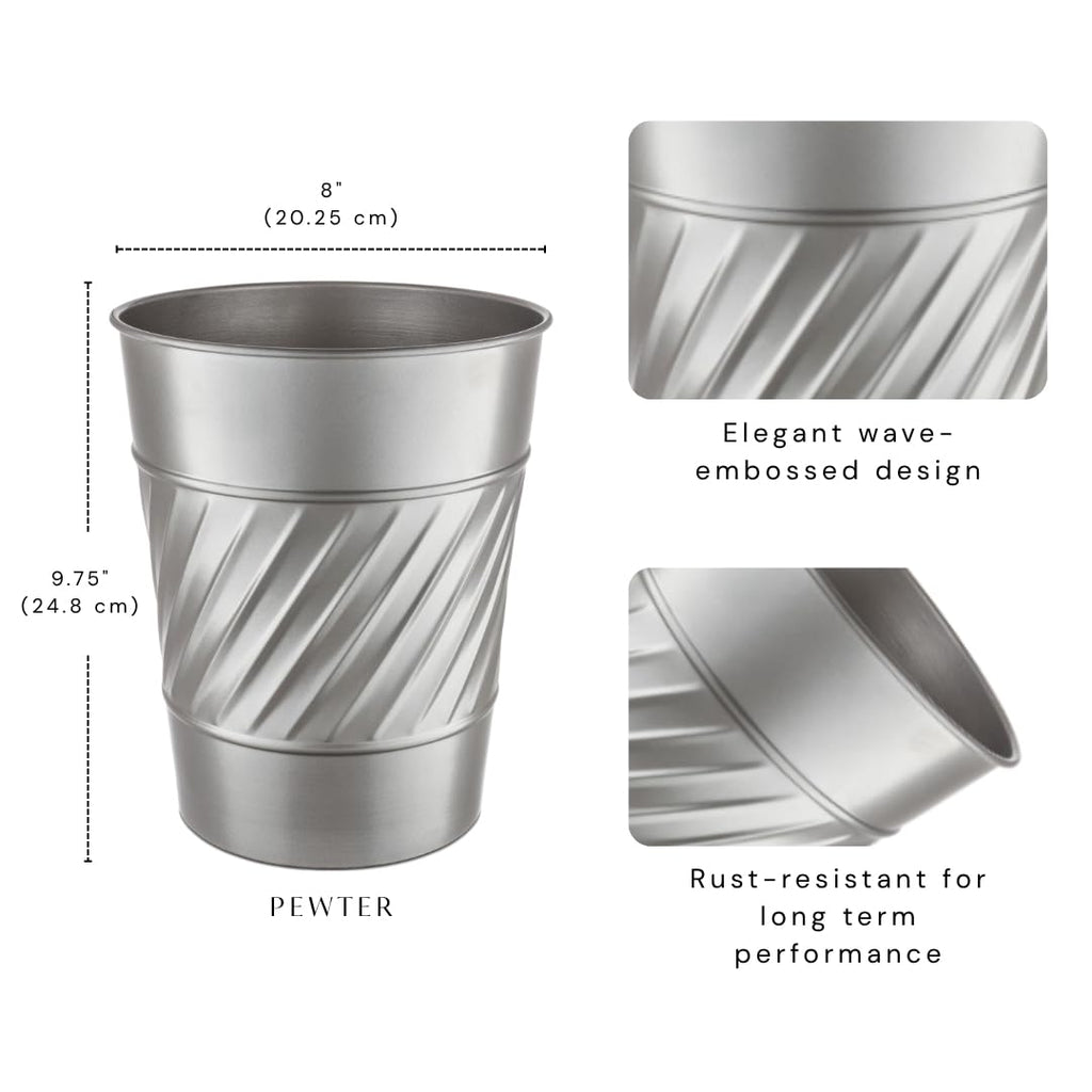 Monarch Abode Metal Bathroom Trash Can – Waste Basket for Bedroom, Office Desk, & Dorm, Handcrafted Wave Embossed, Durable Decorative Pewter Small Trash Can Bathroom Garbage Bin Wastebasket