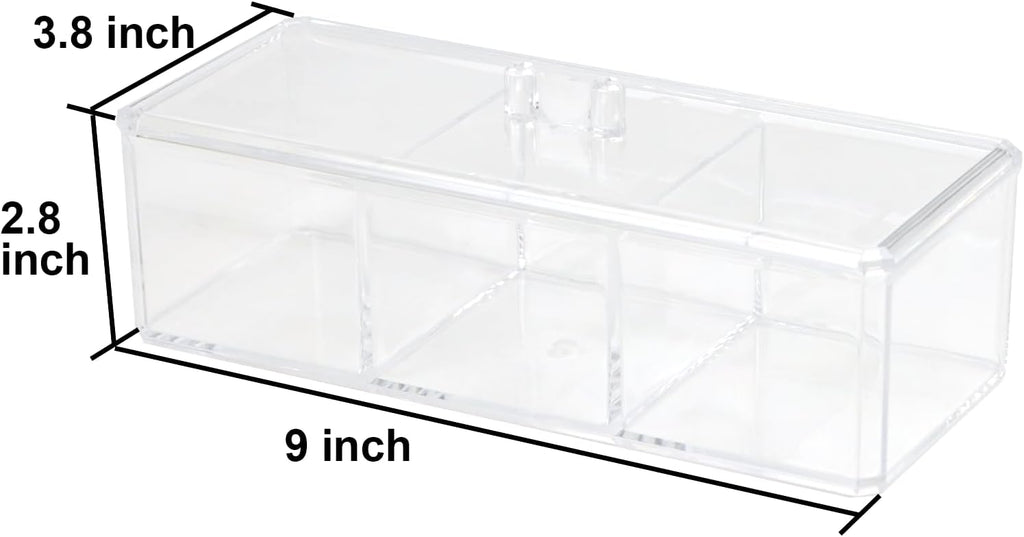 ZEXALOR Clear Bathroom Dresser Organizer - Cotton Ball Swab Holder with 3 Divided Compartments&Lid, , Waterproof Transparent Small Plastic Storage Containers, Vanity Makeup Organization