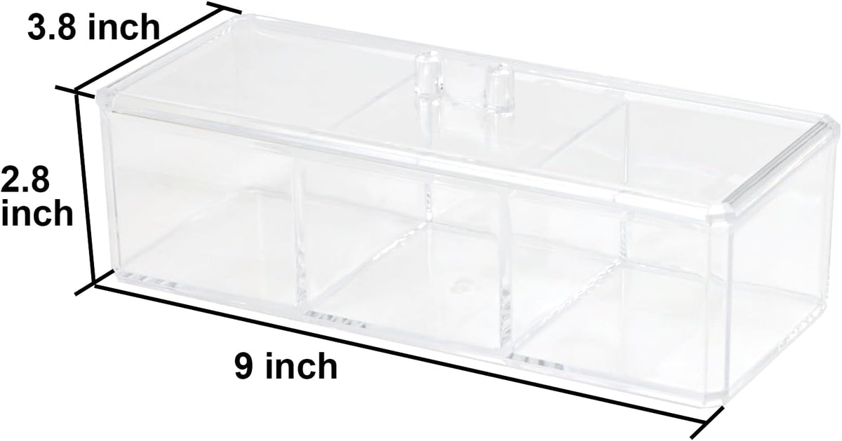 ZEXALOR Clear Bathroom Dresser Organizer - Cotton Ball Swab Holder with 3 Divided Compartments&Lid, , Waterproof Transparent Small Plastic Storage Containers, Vanity Makeup Organization