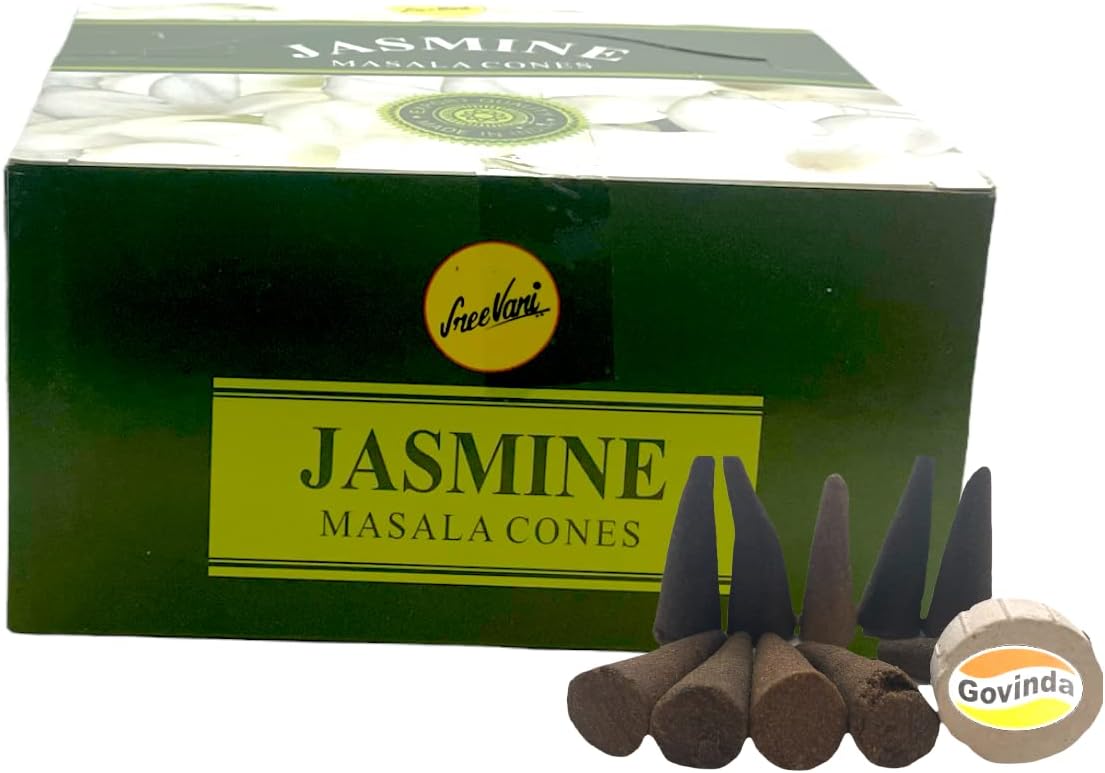 Sreevani Natural Masala Incense Cones and Holder Bundle, 120 Cones Total, Jasmine