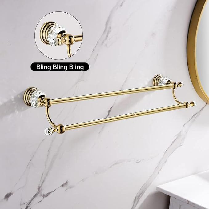 WINCASE Crystal Towel Holder Double, Adjustable Gold Towel Bar 18 to 30 Inch, Towel Rack Rail for Bathroom Wall Mounted
