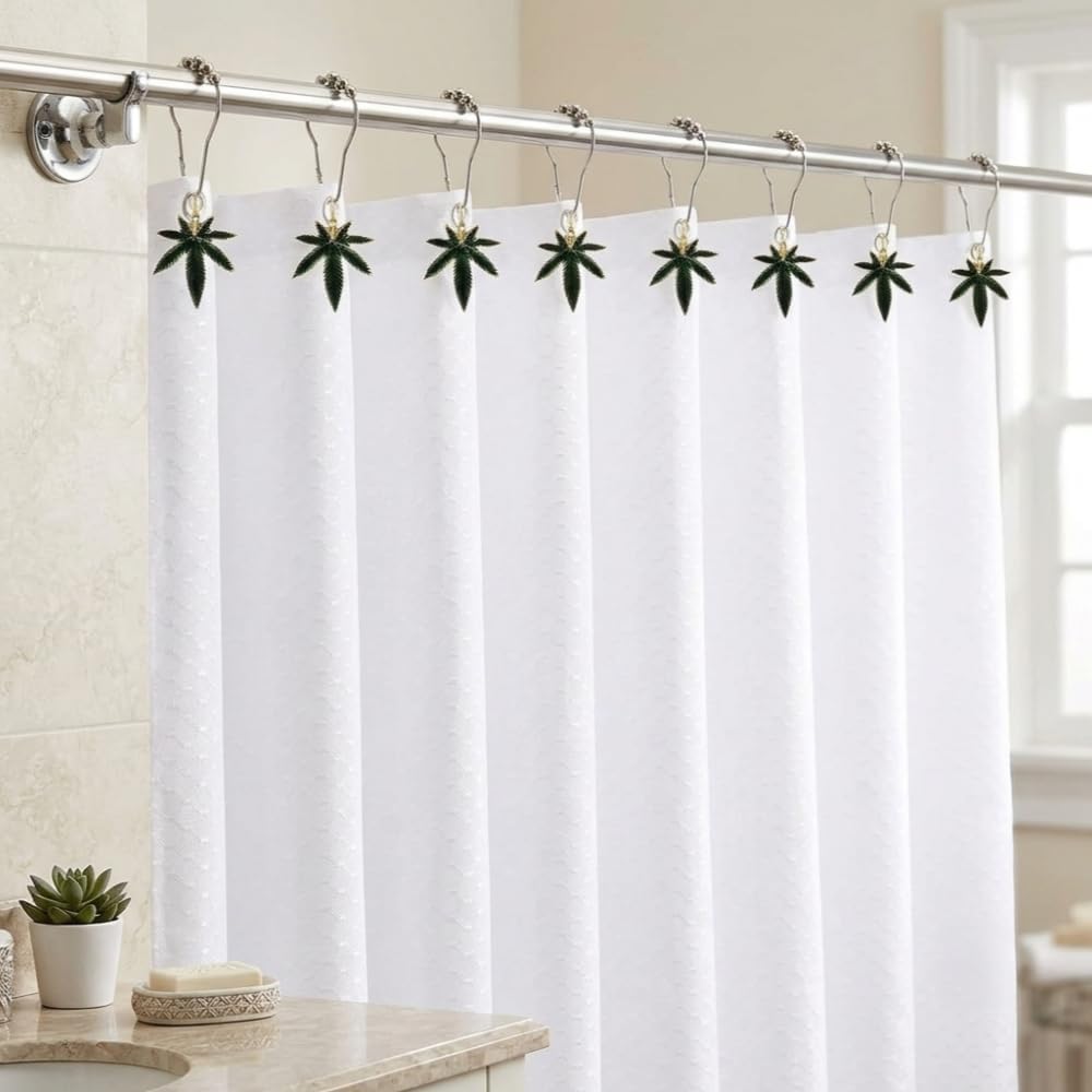 12Pcs Shower Curtain Hooks with Decorative Marijuana Leaf Pendant, Green