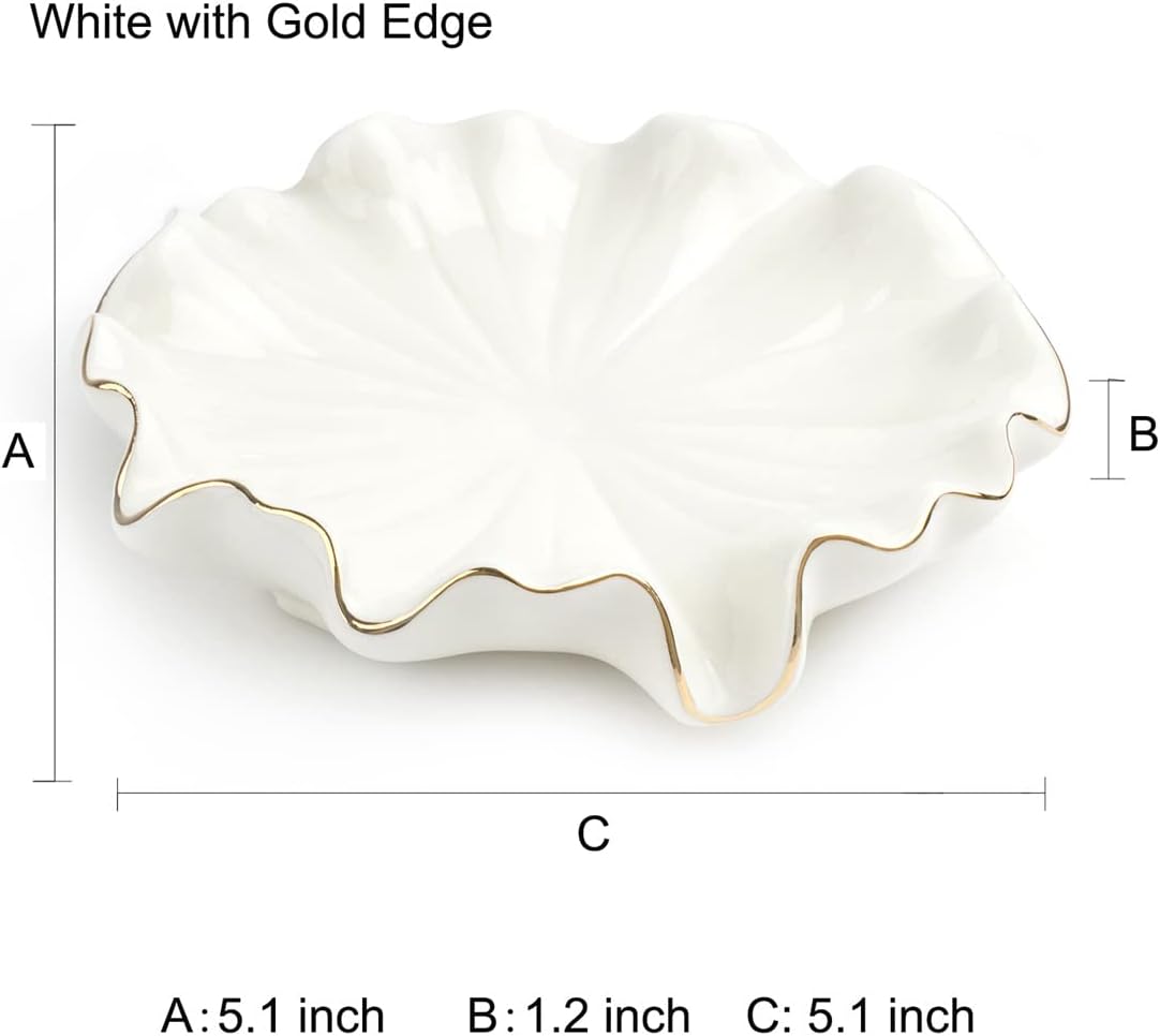 Soap Dish with Drain Ceramic White Lotus Leaf Soap Holder Soap Saver for Bar Soap, Kitchen Sink, and Bathroom Shower