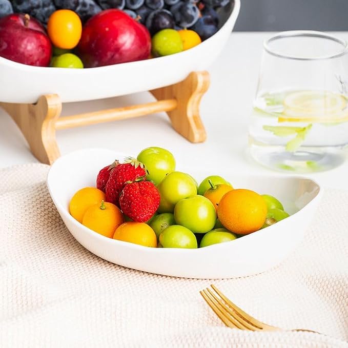 Bamboo Fruit Stand - 3 Tier Ceramic Fruit Bowls with Wooden Stand – Fruit Holder for Kitchen, Dining Table & Living Room – Decorative Countertop Organizer for Fruits, Vegetables & Snacks