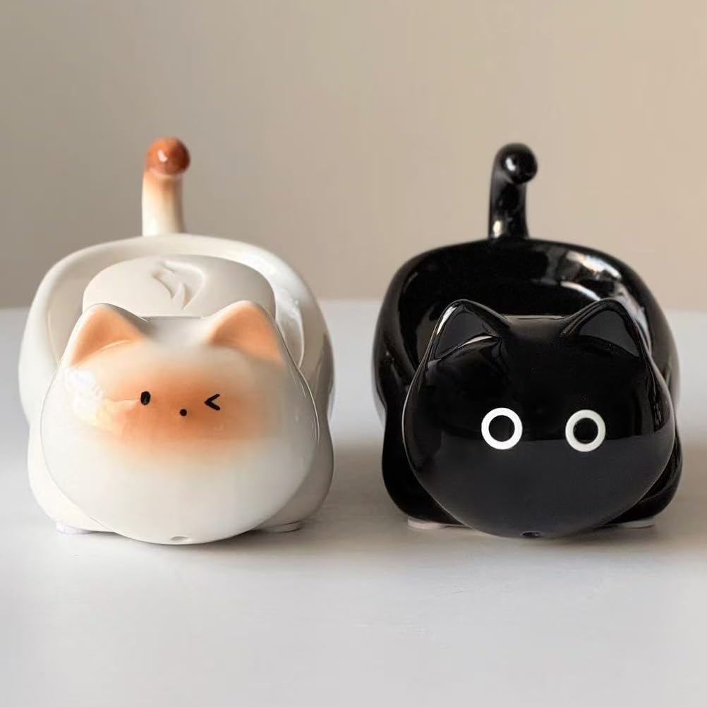 Ceramic Cute Cat Soap Dish 45° Self Draining Tray (Black)