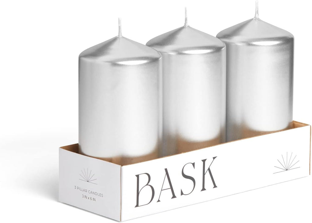Metallic Cone Top Pillar Candles by Bask - Set of 3-3" x 6" Dripless Unscented Holiday Candles in Metallic Silver for Home Decor, Relaxation & All Occasions