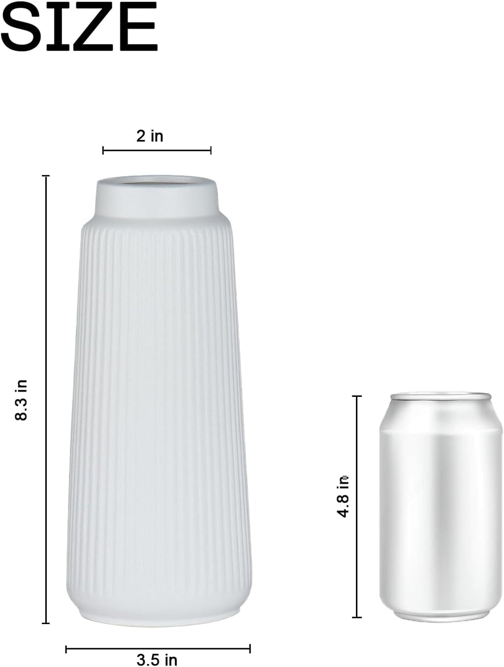 vensovo 8 Inch Glossy White Ceramic Vase, Conical Ribbed Flower Vase