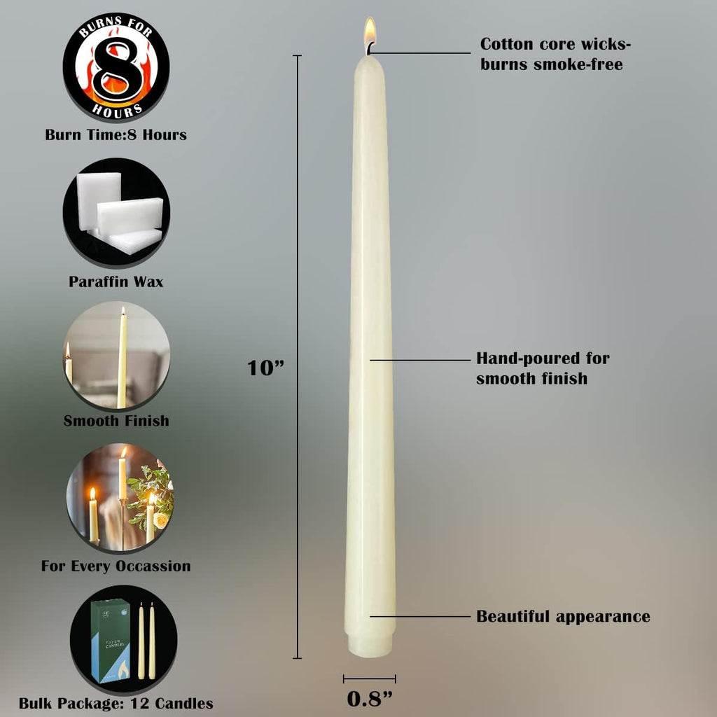 10 Inch White Taper Candles, 12 Pack Unscented Candlesticks for Wedding Christmas Seasonal Celebration and Daily Home Decoration
