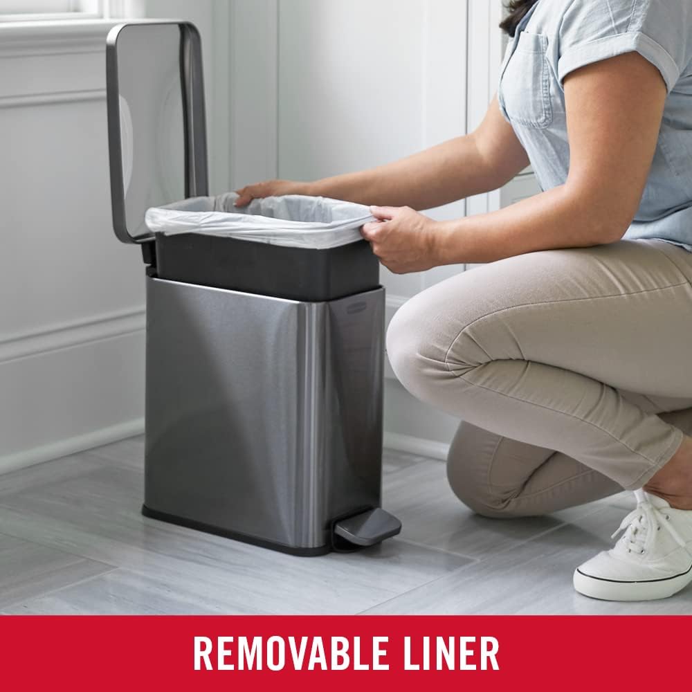 Rubbermaid Charcoal Stainless Steel Slim Step-On Trash Can, 2.6-Gallon, With Lid for Home/Bathroom/Kitchen
