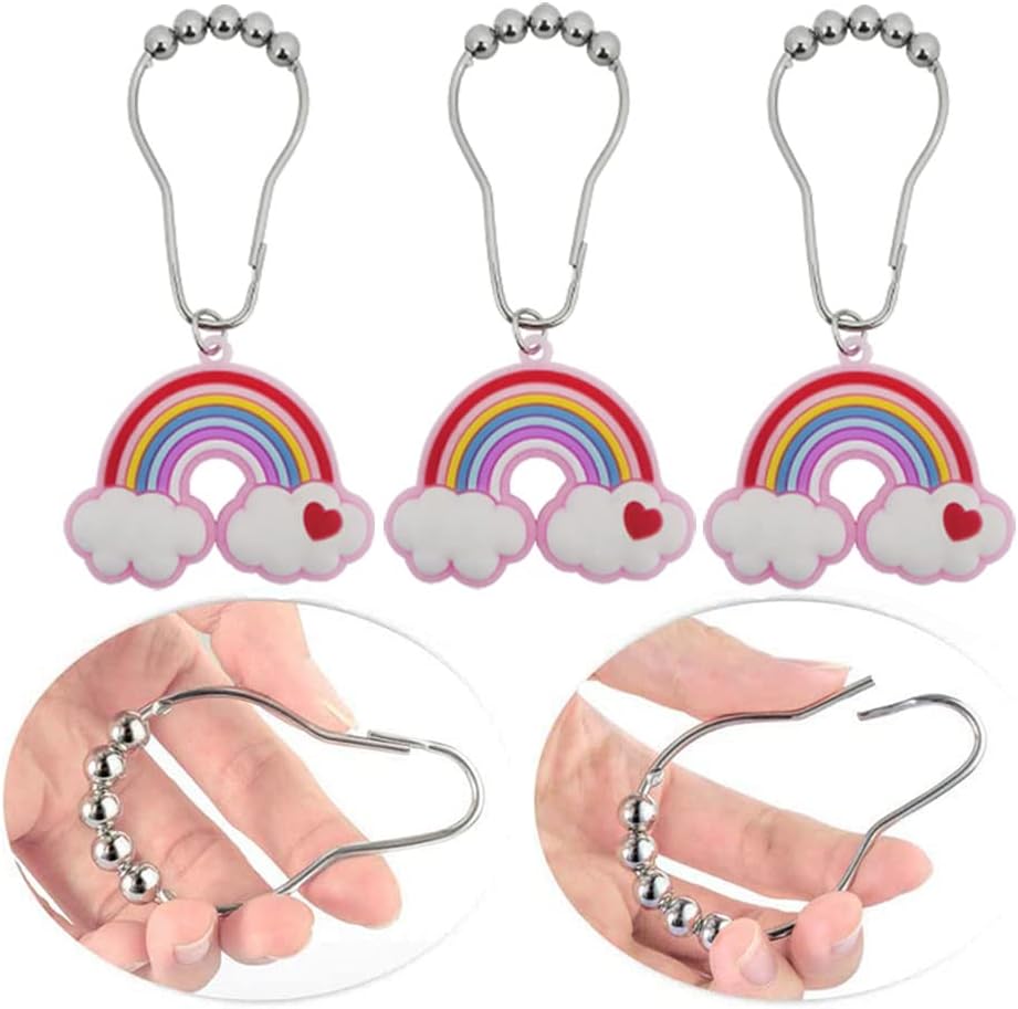 Decorative Rainbow Shower Curtain Hooks for Kids Bathroom - Rust-Proof Metal Stainless Steel Curtain Rings Set of 12 Fairy Fantasy Resin Rainbow Cloud Heart Kids Dormitory Bathroom Decor