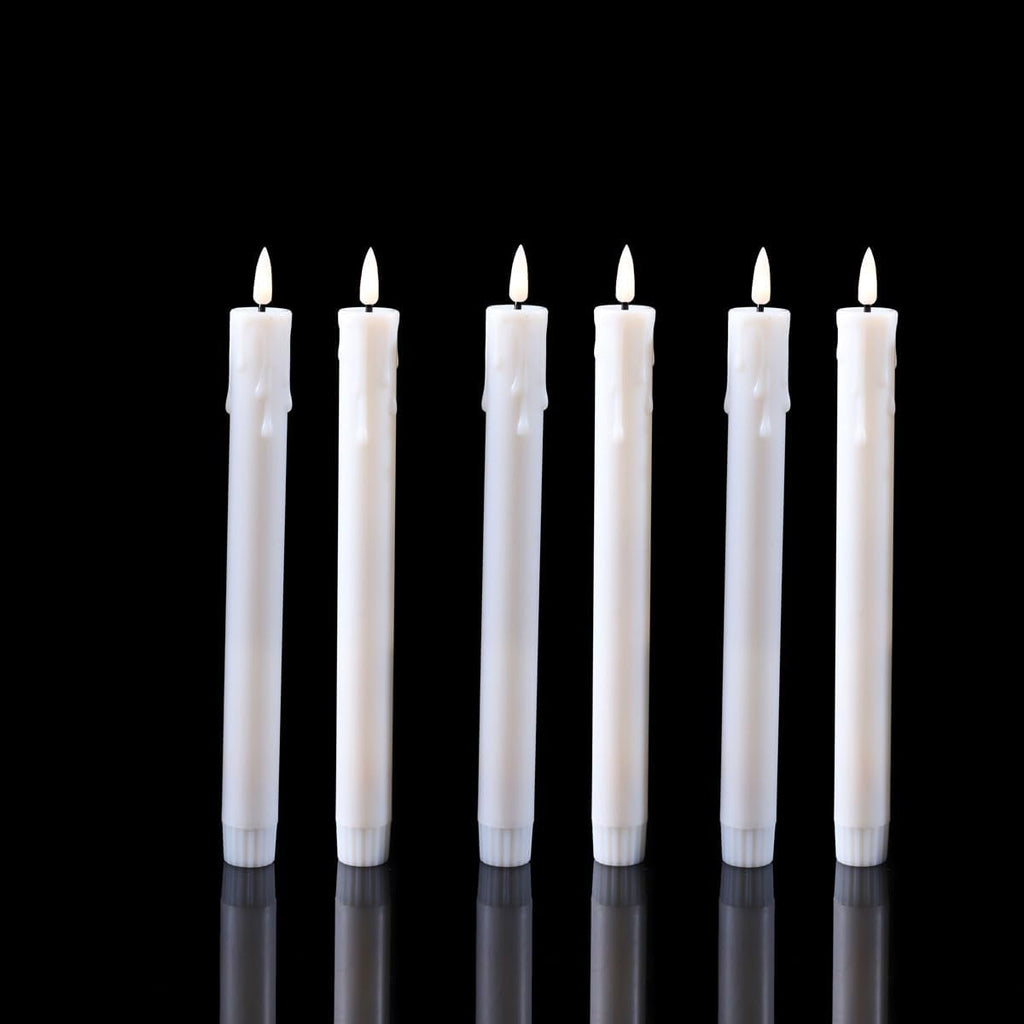 Pack of 6 Decorative Rechargeable White Taper Candles with USB Charge Warm White Light 10 Inch,Remote Flameless Christmas LED Window Candlesticks,25.5 cm Plastic Wedding Candles with Timer