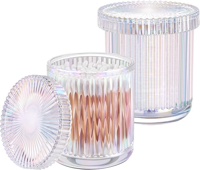 2‑Pack Clear Opalescent Glass Qtip Holder, Vanity & Bathroom Storage