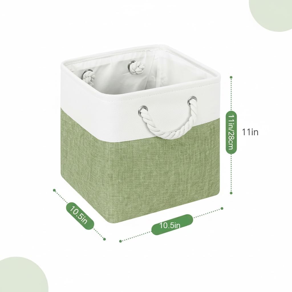 Cube Storage Bins, Collapsible Fabric Storage Cubes Bins, 11 Inch Cube Storage Bins with Handles, Foldable Storage Cubes (White/Green, 6Pack)