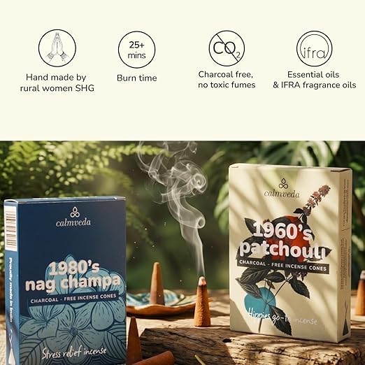 CALMVEDA Bohemian Incense Cones Bundle - 24 Inscents-Cones (Patchouli Incense & Nag Champa Incense Cones) Charcoal-Free & Handmade from Upcycled Sacred Flowers|Retro Meditation Combo Pack