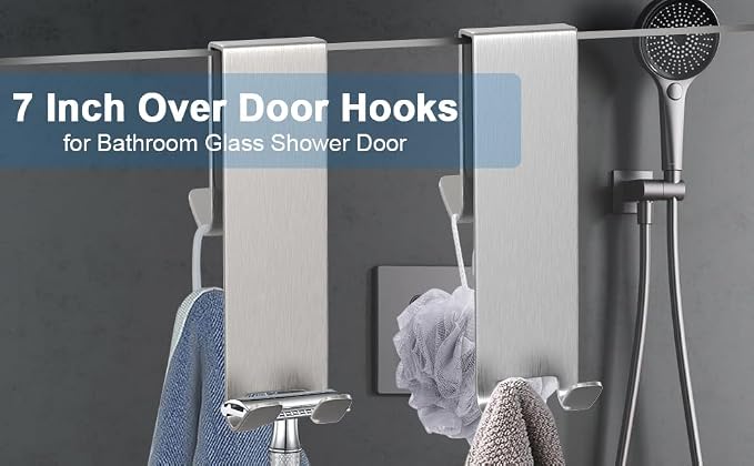 Double-Sided Over The Door Hooks 2-Pack - for Frameless Glass Showers, Heavy Duty No Drill Organizer for Towels Robes, Space Saving Silver