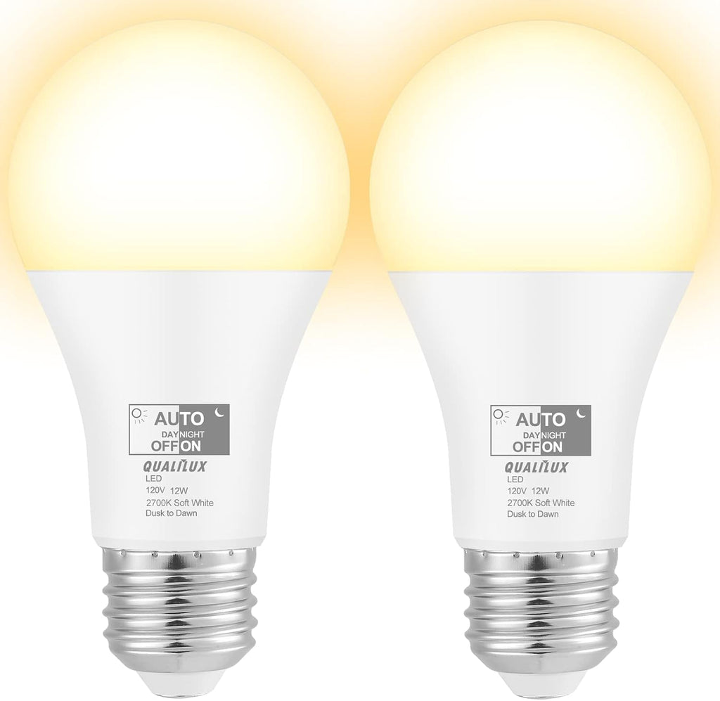 Qualilux Dusk to Dawn Light Bulbs, Auto On/Off Light Sensing LED Bulbs Outdoor, Soft White, A19 2-Pack, 12W 1000LM 75W Equivalent, HQ-H021
