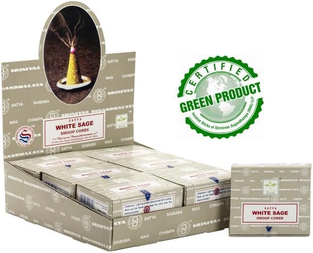 Satya Nag Champa Incense Cones for Meditation and Yoga, 48 Pieces, 4 Packs (Incense Dhoop Cones, White Sage)