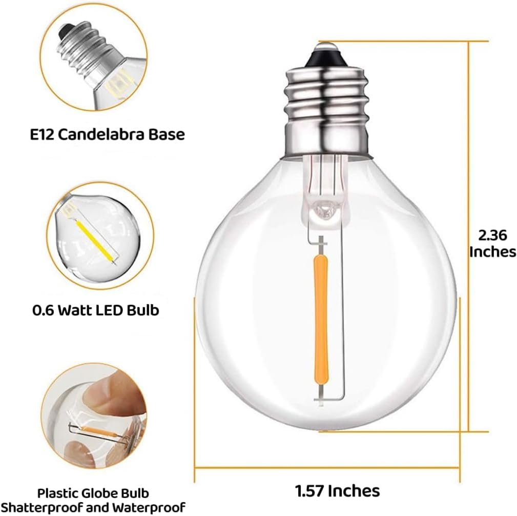 G40 Led Replacement Light Bulbs E12 Screw Base Shatterproof Globe Light Bulbs for Outdoor String Lights 0.6 W Chandelier Bulbs Equvalent to 5 Watt Incandescent Bulb 2700 K Warm White 25 Pack