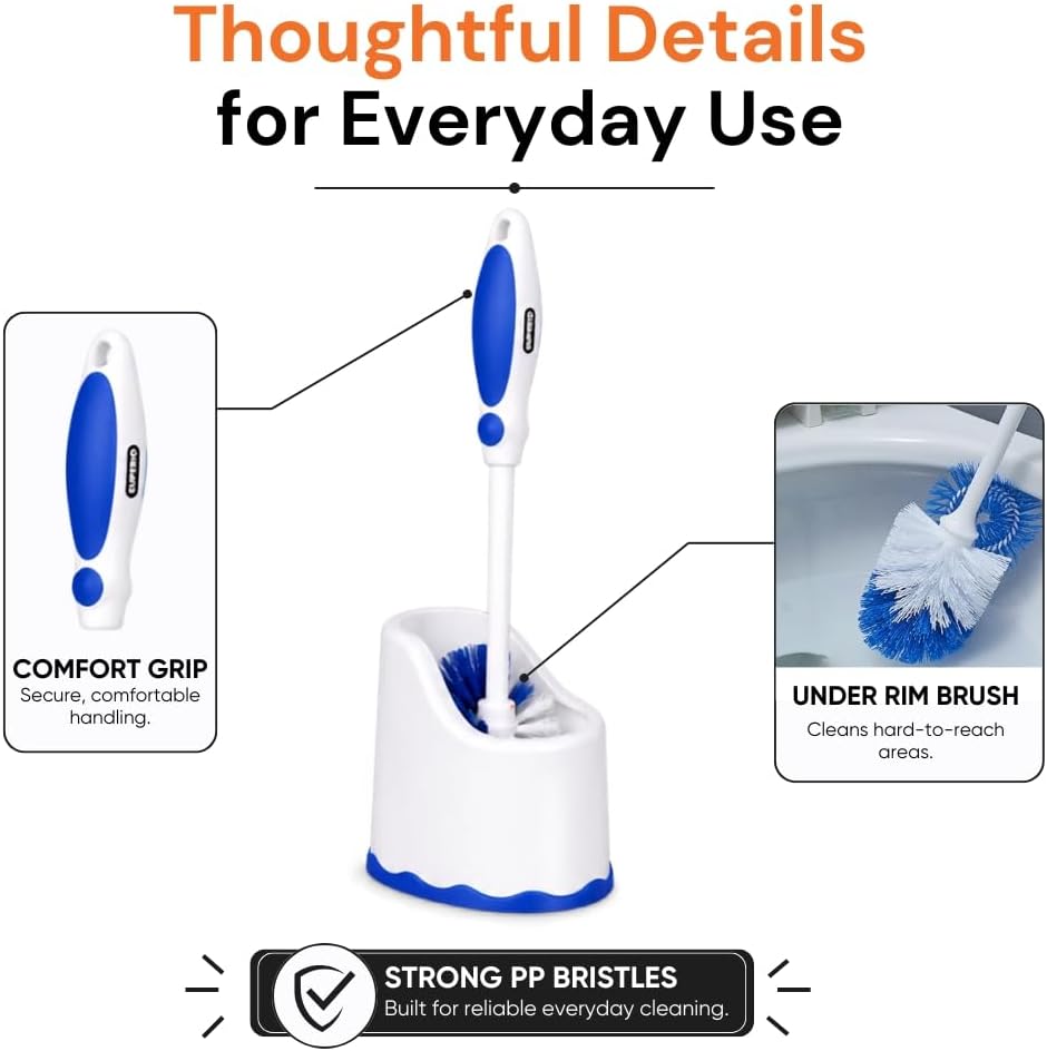 Superio Toilet Brush and Holder,Toilet Bowl Cleaning System with Scrubbing Wand, Under Rim Lip Brush and Storage Caddy for Bathroom, White and Blue