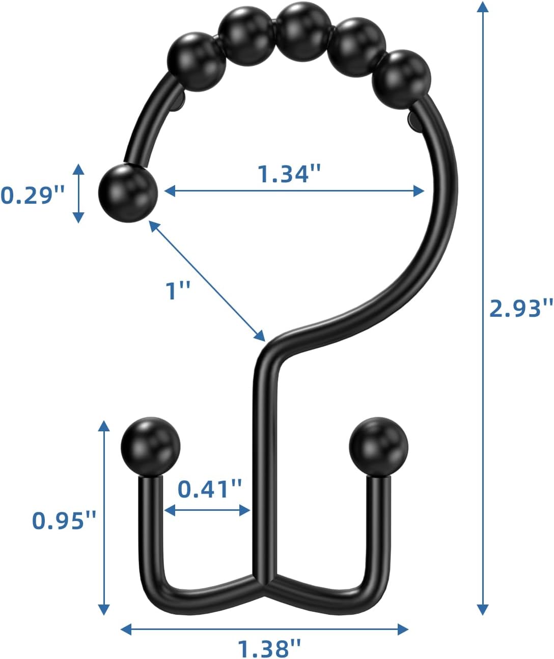 Black Shower Curtain Hooks Double Sided with Roller Balls