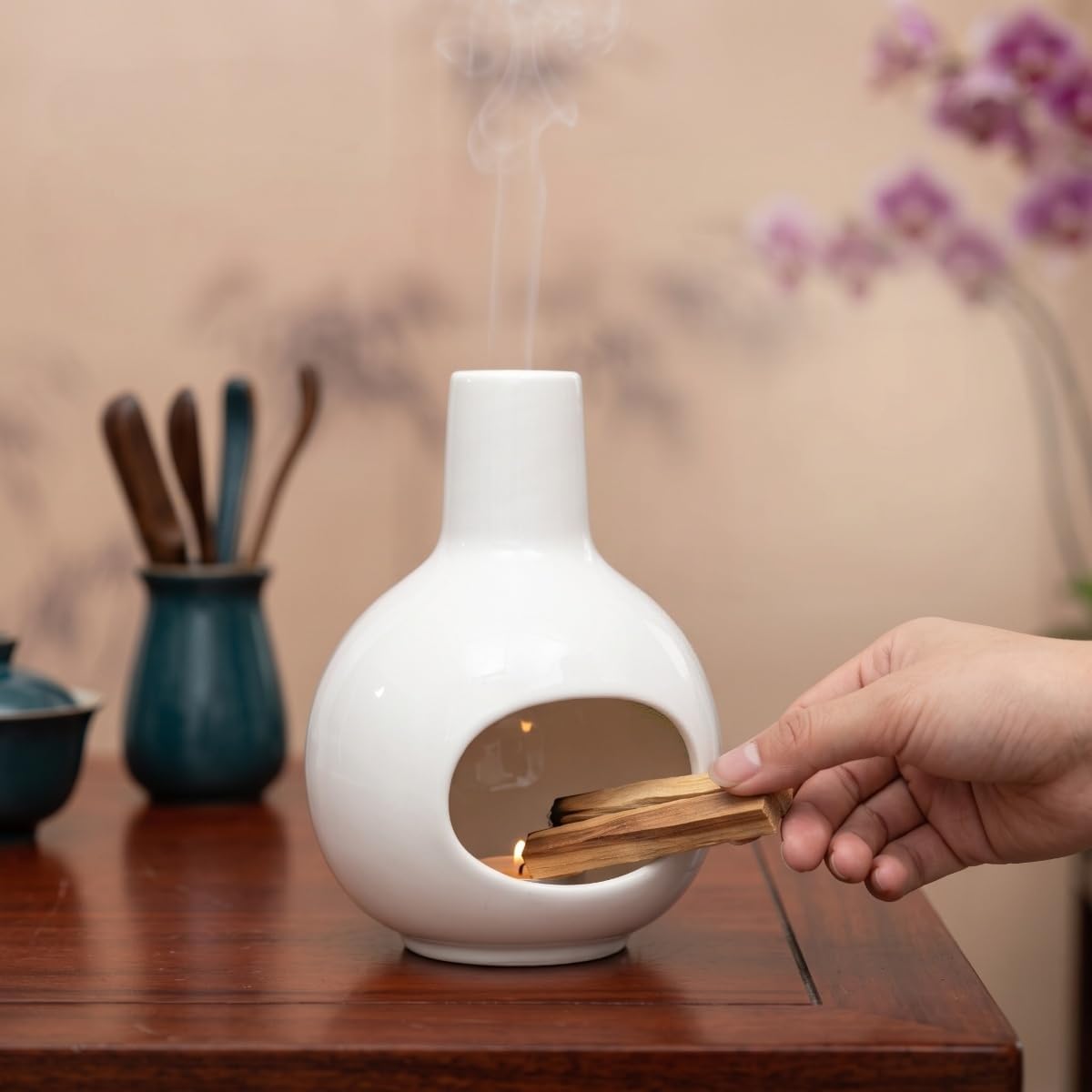 White Ceramic Incense Holder with Ash Catcher Multi Use Burner